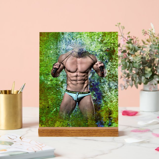 SlipperyJoe's white muscular sexy man speedo black Acrylic Sign (Wedding)