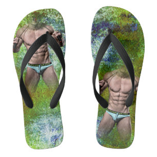 SlipperyJoe's white muscular sexy man speedo black Flip Flops