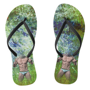 SlipperyJoe's white muscular sexy man speedo black Flip Flops