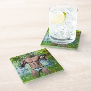 SlipperyJoe's white muscular sexy man speedo black Glass Coaster