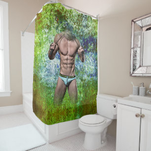SlipperyJoe's white muscular sexy man speedo black Shower Curtain
