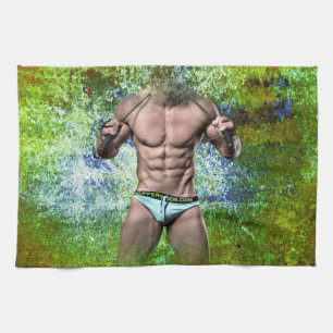 SlipperyJoe's white muscular sexy man speedo black Tea Towel
