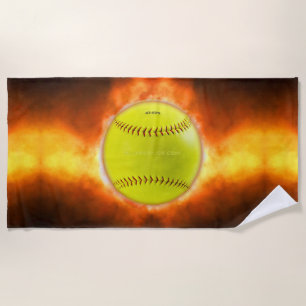 SlipperyJoe's yellow softball fireball flames rasp Beach Towel