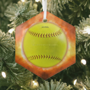SlipperyJoe's yellow softball fireball flames rasp Glass Tree Decoration