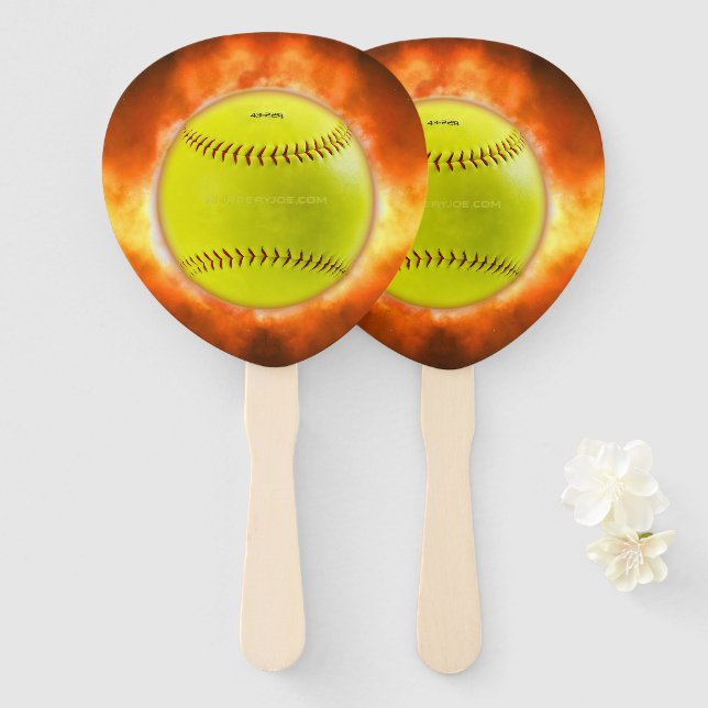 SlipperyJoe's yellow softball fireball flames rasp Hand Fan (Front and Back)