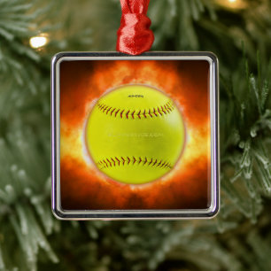 SlipperyJoe's yellow softball fireball flames rasp Metal Tree Decoration