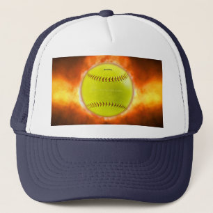 SlipperyJoe's yellow softball fireball flames rasp Trucker Hat