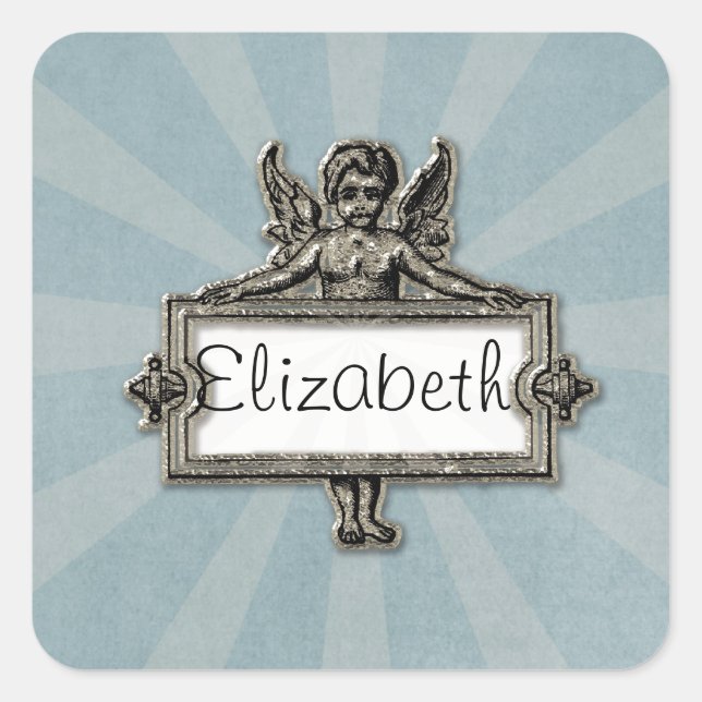 Sliver Angel Name Plate Blue Starburst Square Sticker (Front)