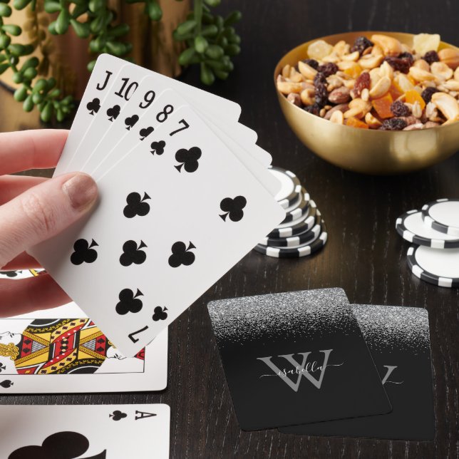 Sliver Black Glitter Elegant Script Name Playing Cards (In Situ)