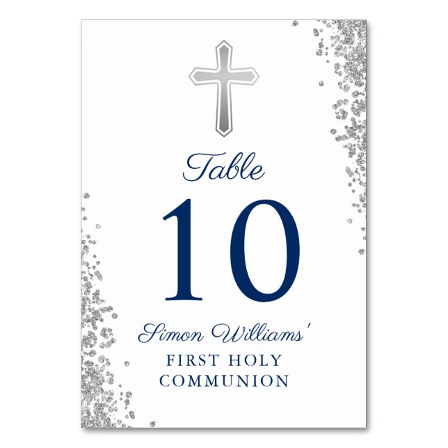 Sliver Cross Glitter Navy Blue First Communion Table Number (Front)