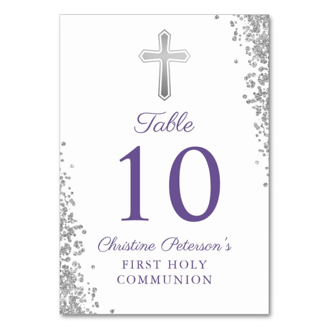 Sliver Cross Glitter Purple First Holy Communion Table Number (Front)