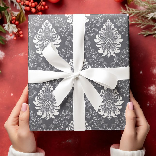 Sliver Floral Damask Seamless Grey Flower Pattern Wrapping Paper (Creator Uploaded)