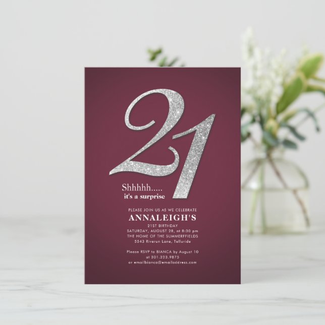 Sliver Glitter 21st Birthday Party Burgundy Invitation (Standing Front)