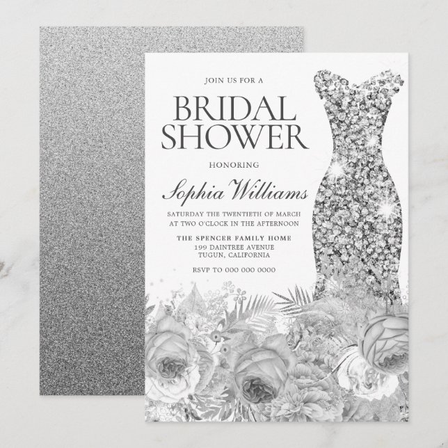 Sliver Grey Sparkle Dress & Floral Bridal Shower Invitation (Front/Back)