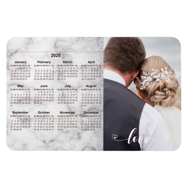 Sliver Marble Wedding Photo Template 2020 Calendar Magnet (Horizontal)