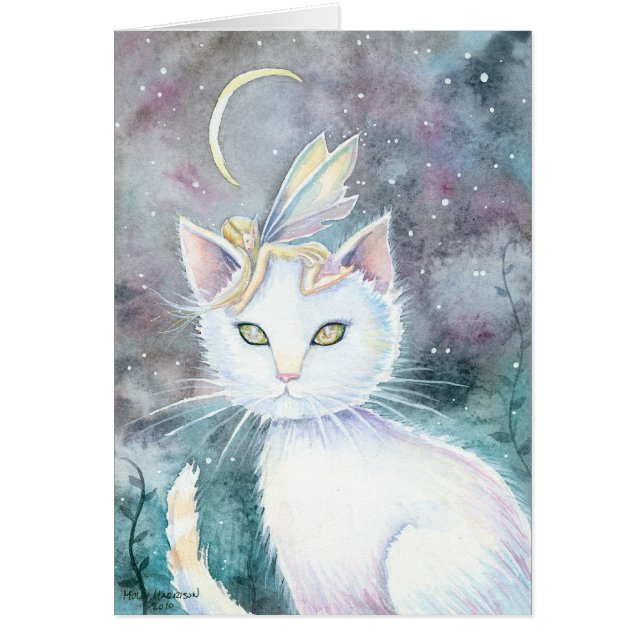 Sliver Moon Cat and Fairy Watercolor Card (Front)