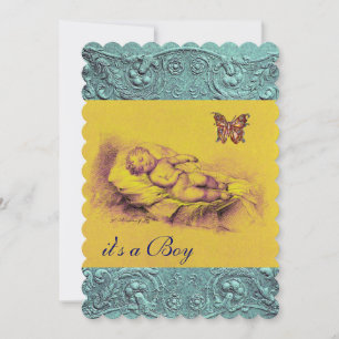 SLLEPING CHILD ,BUTTERFLY YELLOW BLUE BABY SHOWER INVITATION
