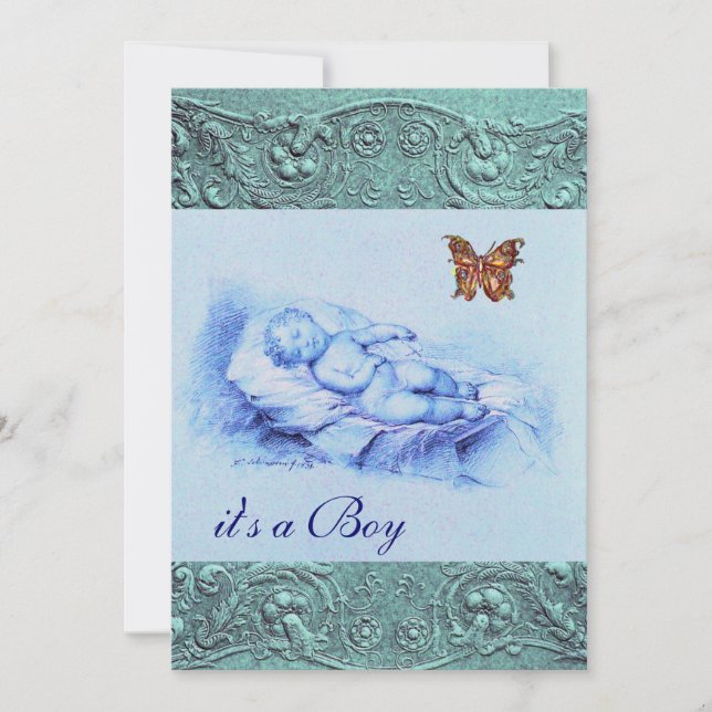 SLLEPING CHILD WITH BUTTERFLY BLUE BOY BABY SHOWER INVITATION (Front)