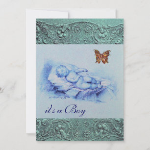 SLLEPING CHILD WITH BUTTERFLY BLUE BOY BABY SHOWER INVITATION