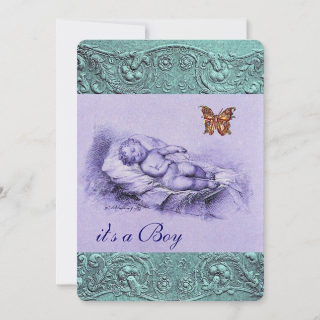 SLLEPING CHILD WITH BUTTERFLY BLUE BOY BABY SHOWER INVITATION (Front)