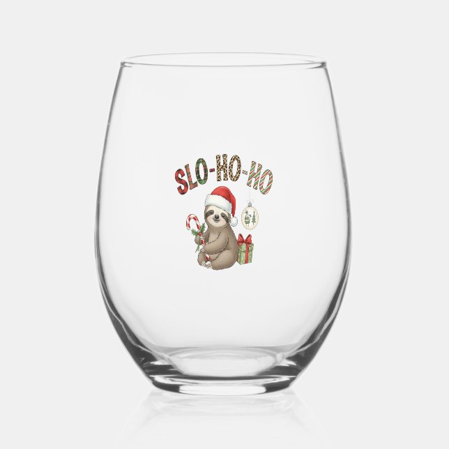 Slo Ho Ho Xmas Sloth Stemless Wine Glass (Front)