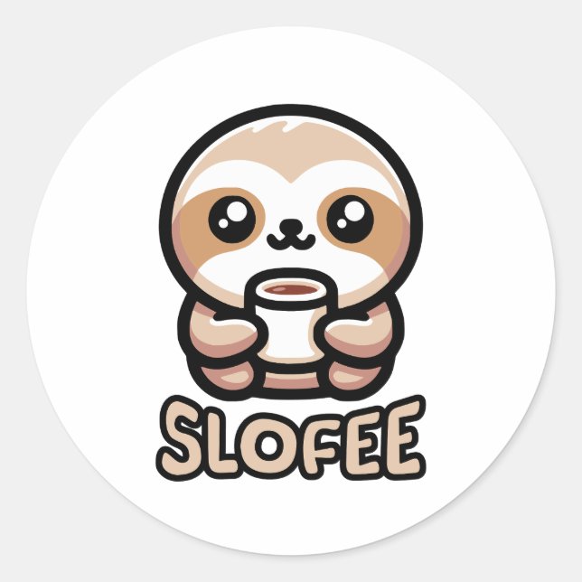 Slofee! Cute Coffee Drinking Sloth Pun Cartoon Classic Round Sticker (Front)