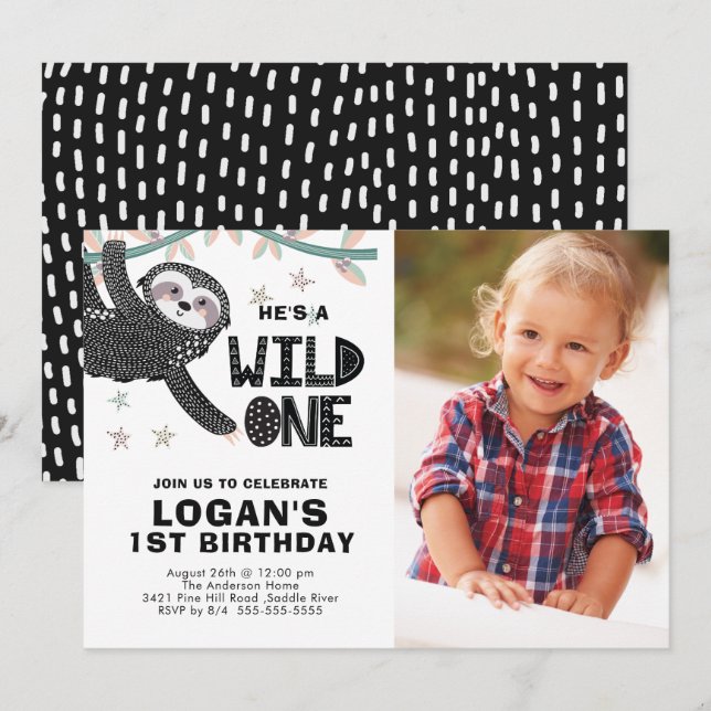 Sloth 1st Birthday Photo Birthday Invitation (Front/Back)