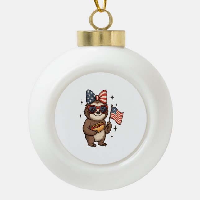 Sloth 4th July Ceramic Ball Christmas Ornament (Front)