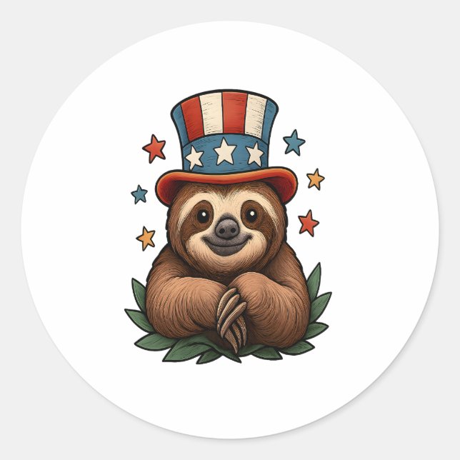 Sloth 4th of July Classic Round Sticker (Front)