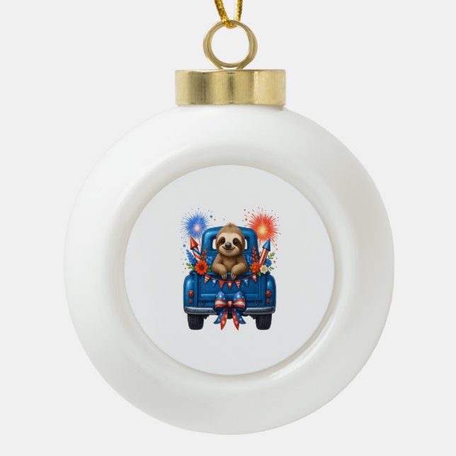 Sloth 4th of July Usa Ceramic Ball Christmas Ornament (Front)