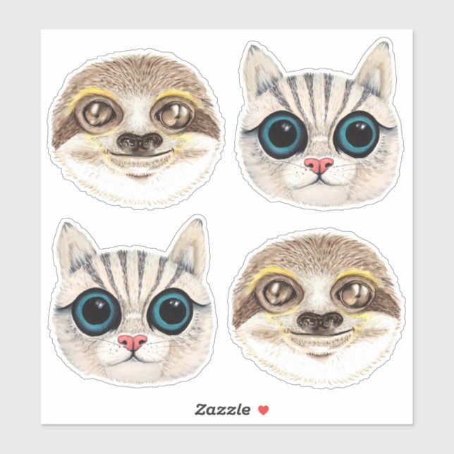 Sloth and Cat Face Watercolor Illustrations (Sheet)
