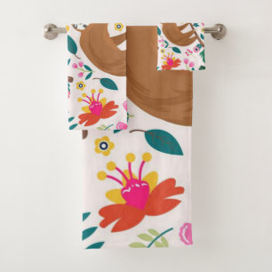 Sloth and Flowers Bathroom Decor Bath Towel Set