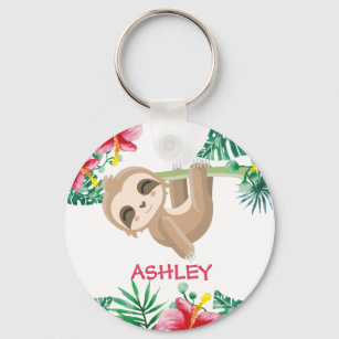 Sloth and flowers custom name key ring