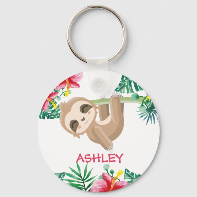 Sloth and flowers custom name key ring (Front)