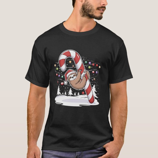 Sloth and Giant Candy Cane Christmas Pajama for Sl T-Shirt (Front)