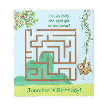 Sloth and leaves, maze puzzle birthday notepad