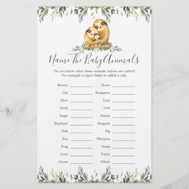 Sloth Animals Baby Shower Name The Baby Animals (Front)
