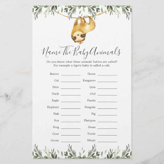 Sloth Animals Baby Shower Name The Baby Animals (Front)