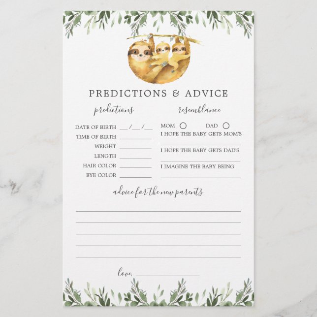 Sloth Animals Baby Shower Predictions and Advice (Front)
