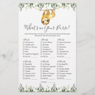 Sloth Animals Baby Shower What's in Your Purse