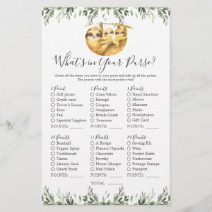 Sloth Animals Baby Shower What's in Your Purse