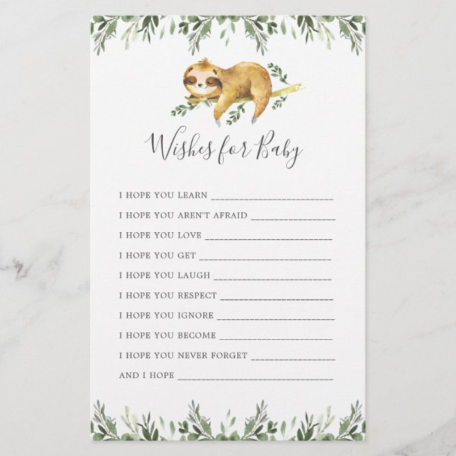 Sloth Animals Baby Shower Wishes For Baby (Front)
