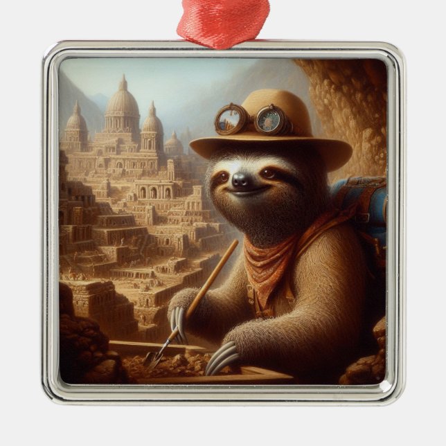 Sloth Archaeologist Metal Tree Decoration (Front)