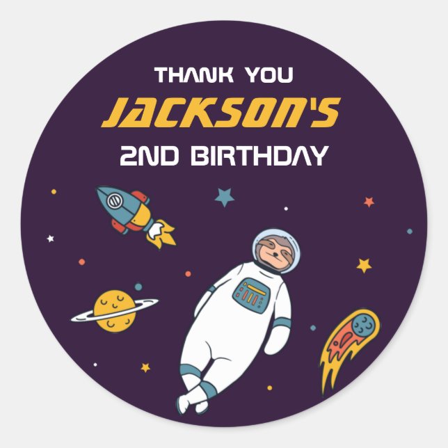 Sloth Astronaut Outer Space Kids Birthday Party Classic Round Sticker (Front)
