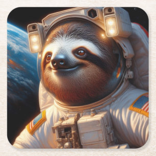 Sloth Astronaut Square Paper Coaster