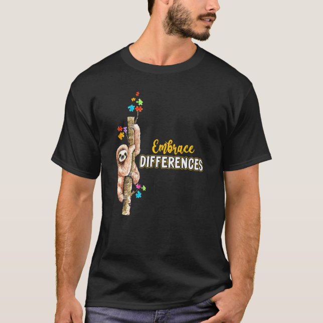Sloth Autism Awareness Day Embrace Differences Puz T-Shirt (Front)