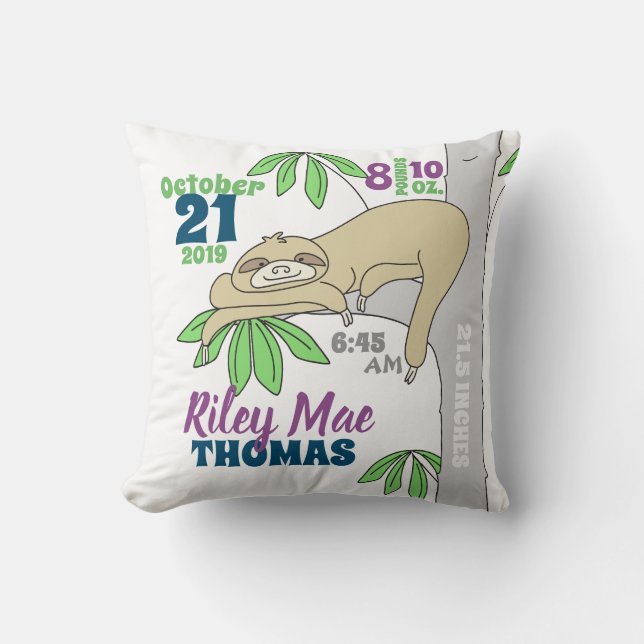 Sloth Baby Birth Stats Cushion (Front)