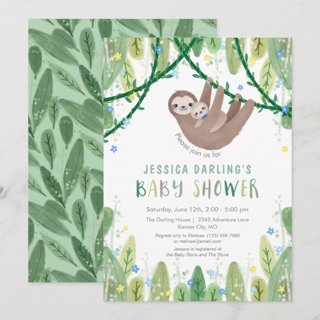 Sloth Baby Boy Bow Tie Shower Jungle Theme Invitation (Front/Back)