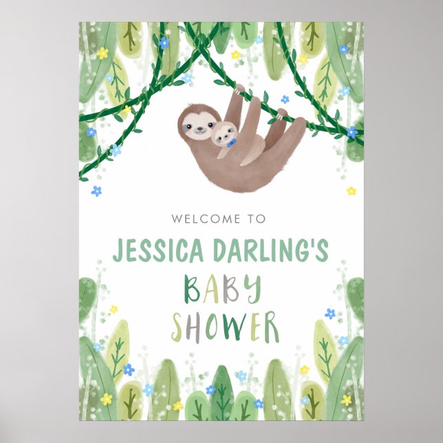 Sloth Baby Boy Bow Tie Shower Jungle Welcome Poster (Front)
