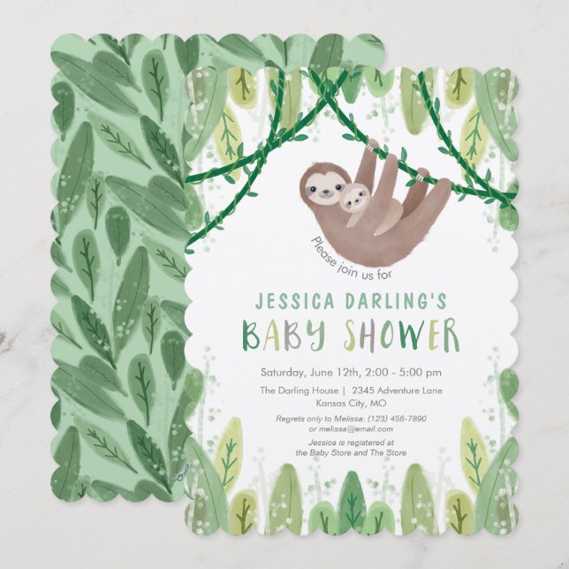 Sloth Baby Boy Shower Jungle Theme Invitation (Front/Back)
